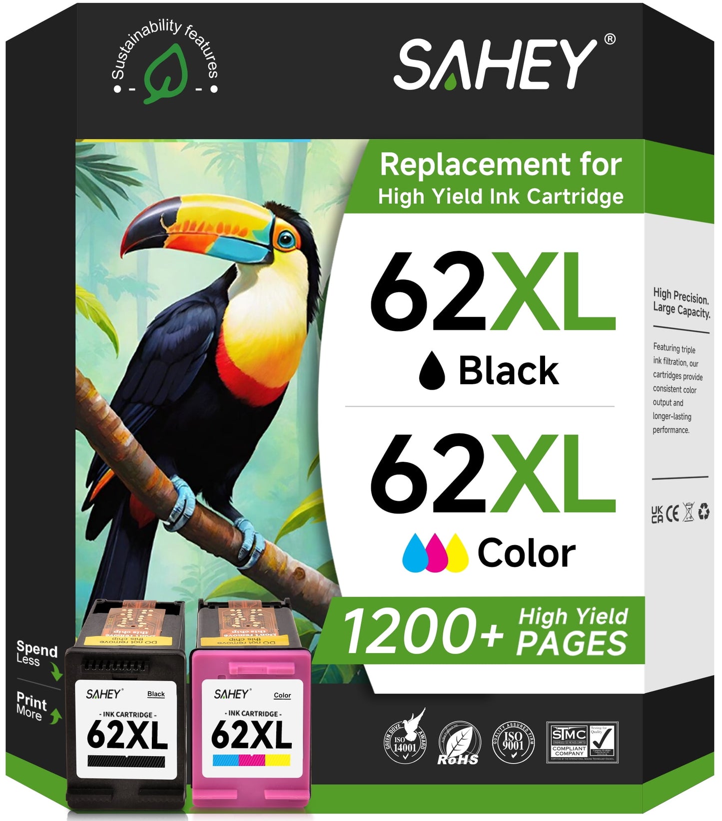 62XL Ink Cartridges Compatible for HP 62XL Ink Cartridge for Envy 5530 5540 5640 5660 7640 7645 Officejet 5740 8040 Series Printer ( 2-Pack,Tri-Color ,Black)
