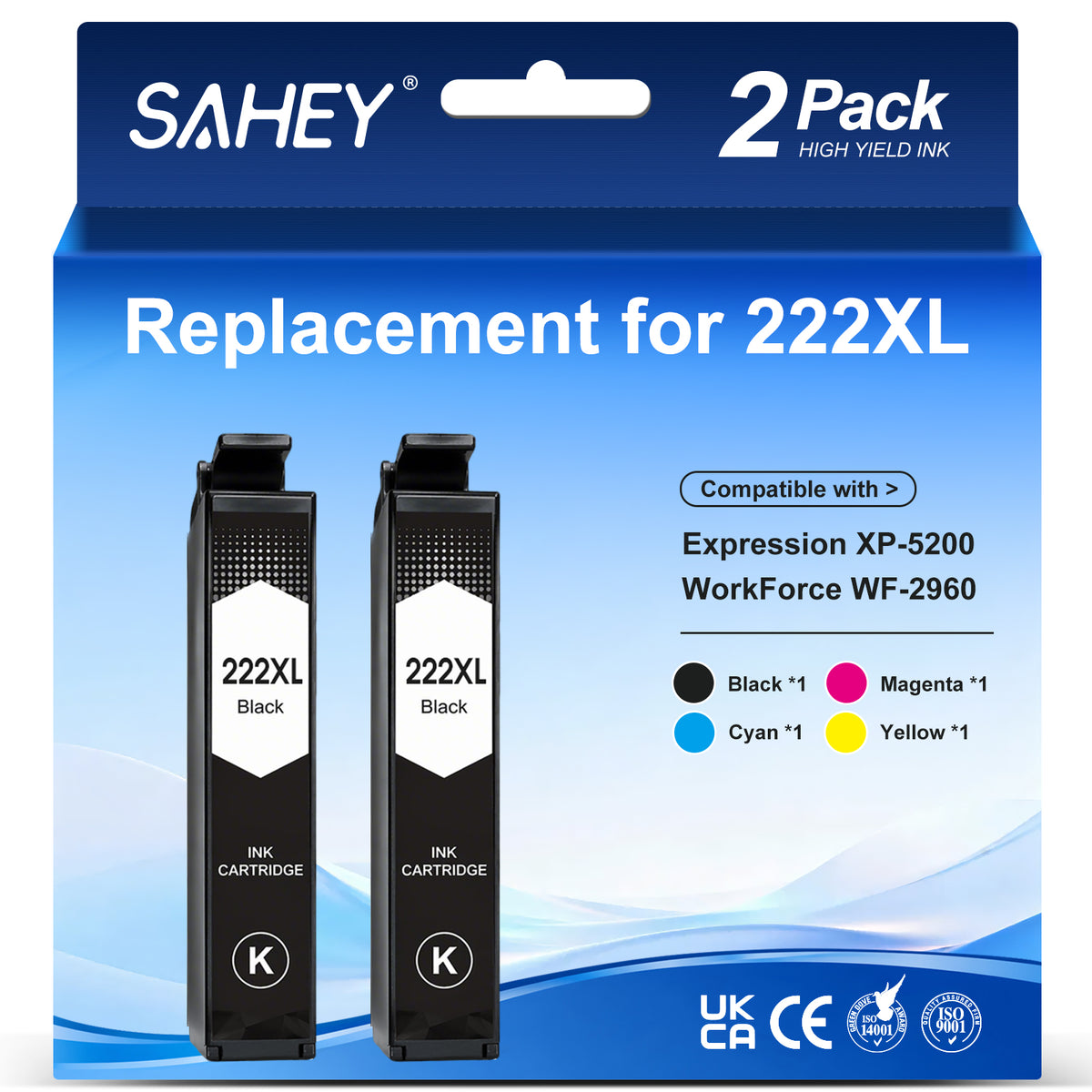 222XL Ink Cartridge Compatible for Epson 222 Ink Cartridges Replacement for Epson Workforce WF-2960 XP-5200(2 Black)