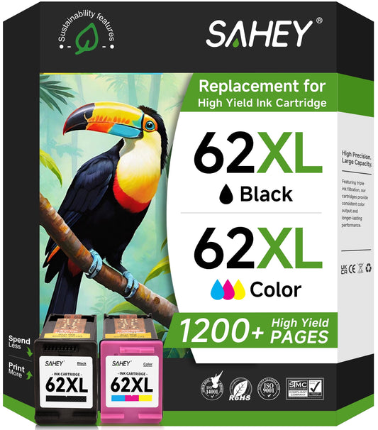 62XL Ink Cartridges Compatible for HP 62XL Ink Cartridge for Envy 5530 5540 5640 5660 7640 7645 Officejet 5740 8040 Series Printer ( 2-Pack，Tri-Color ，Black）