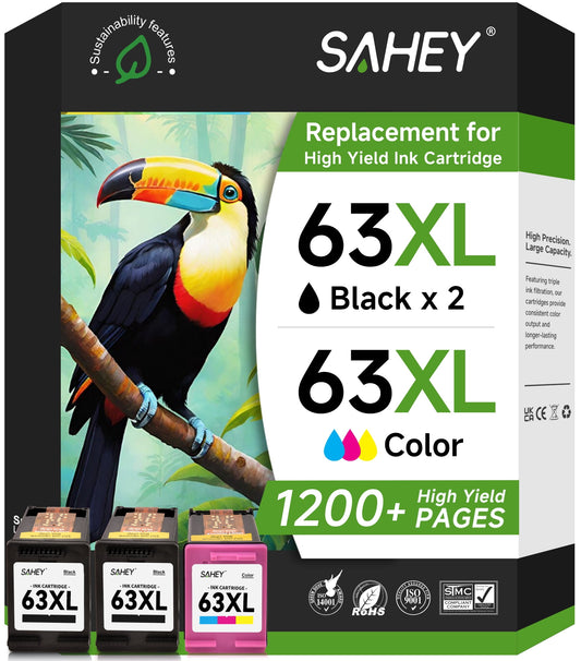 63XL Ink Compatible for HP 63 Ink  Cartridges for Ink 63 for Officejet  3830 4650 5200 5255 Envy 4520, 3Pack (2 Black and 1 Tri-Color)