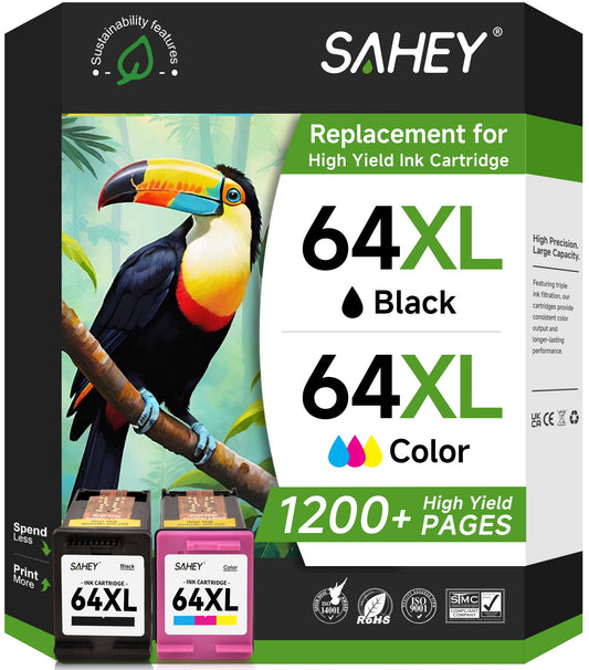 64XL Ink Compatible for HP 64 Ink Cartridge Combo Pack for Envy Photo 7855 7858 7155 7120 6252 6255 7800 7100 7158 7164 Tango Series Printer (1 Black, 1Color)